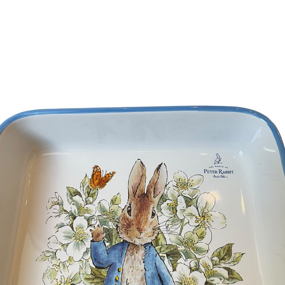 Beatrix Potter Peter Rabbit 9" Square Ceramic Baker Blue Rim Easter Bakeware NEW - Picture 3 of 13